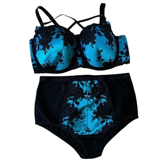 Torrid Womens Size 44DD Padded Lace Bra Size 2 US 2X Panty Set Blue Black - Picture 1 of 9